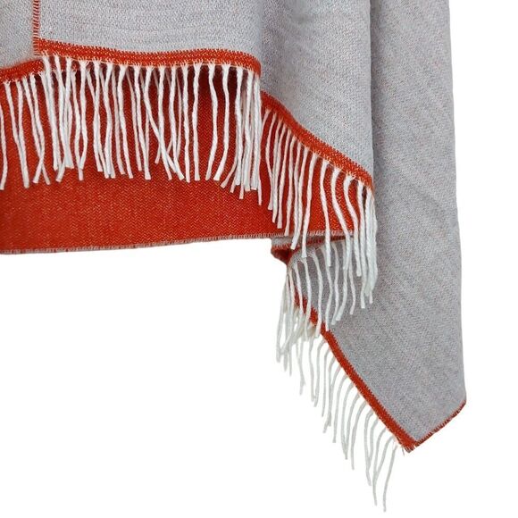 Lambswool Poncho Womens Small Orange Gray 100% Wool Reversible Two Button Knit - Picture 8 of 11
